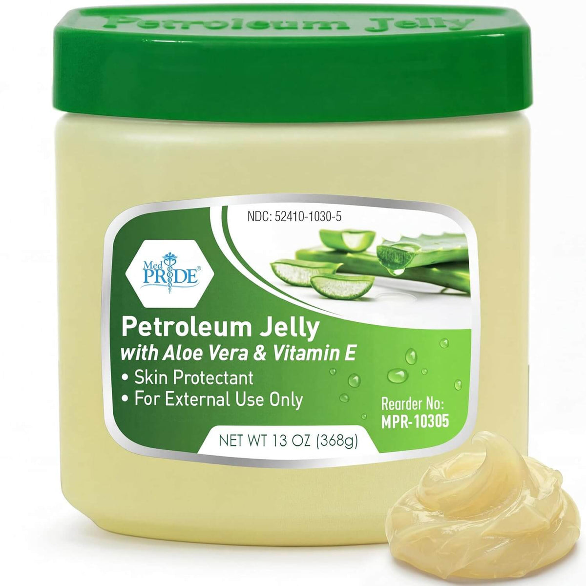 A 13-ounce Shield Line Petroleum Jelly with aloe vera and vitamin E, labeled for external use as a skin protectant. Shown in front is a small amount to moisturize dry skin.