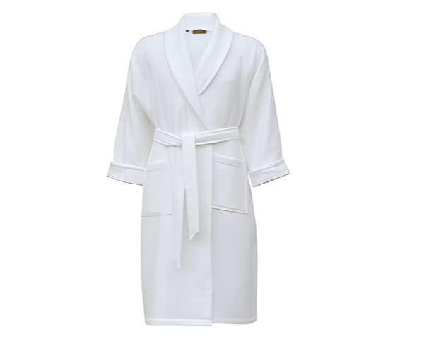 The Manhattan Hosiery Co. White Terry Kimono Bathrobe features long sleeves, a shawl collar, two front pockets, and a matching belt—knee-length and displayed on white—ideal for enjoying hotel-style comfort at home.