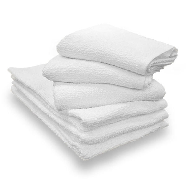 Ganesh Mills' Full Terry/Ribbed White Oxford Cleaning Towels & Bar Mops are neatly stacked in various sizes on a white background—perfect for bulk wholesale needs.