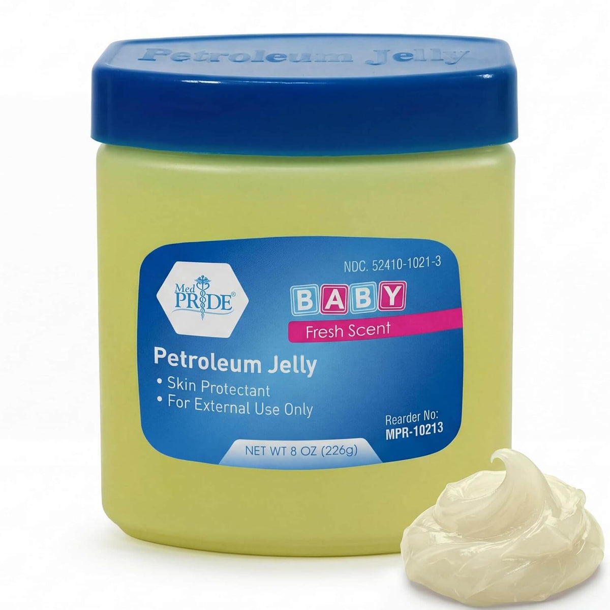 A container of Shield Line Petroleum Jelly, 8 oz, with a blue lid and label. Ideal for moisturizing dry skin, this skin protectant is shown with a small dollop of jelly in front of the container.