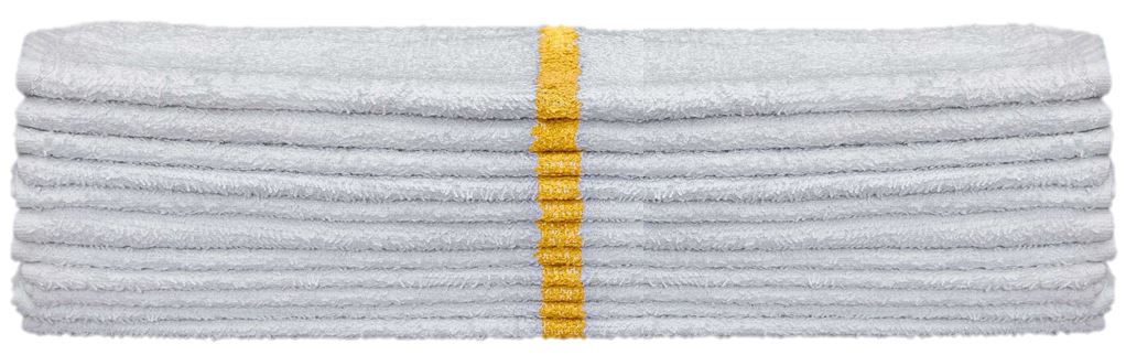 A stack of KSE Bar Mops – White with a center stripe – neatly folded; these terry cloth towels feature a single vertical yellow stripe down the middle.
