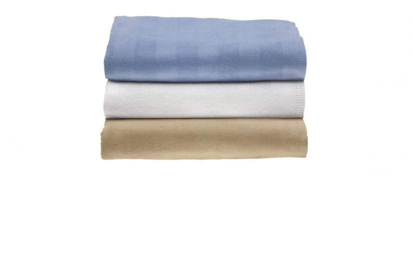 A neatly folded stack of three KSE Herringbone Spread Blankets in blue, white, and beige, arranged from top to bottom against a plain white background.