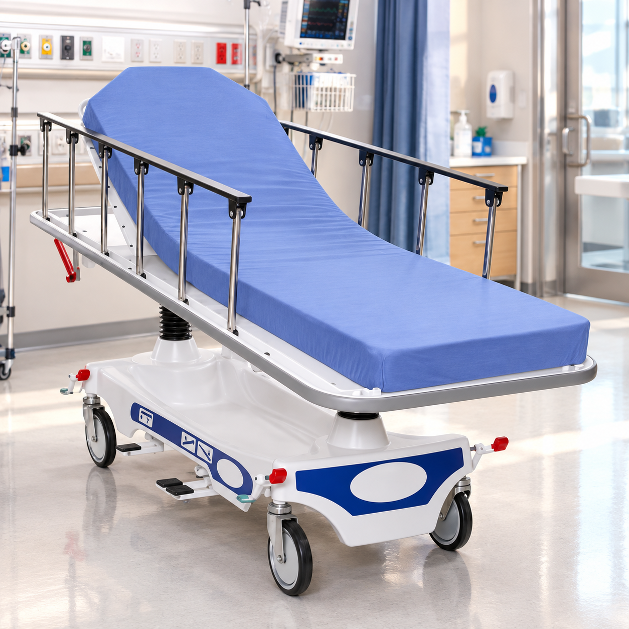 A KSE Knitted Stretcher Sheets covers a hospital stretcher with blue mattress and raised side rails in a well-lit medical room filled with equipment and monitors.