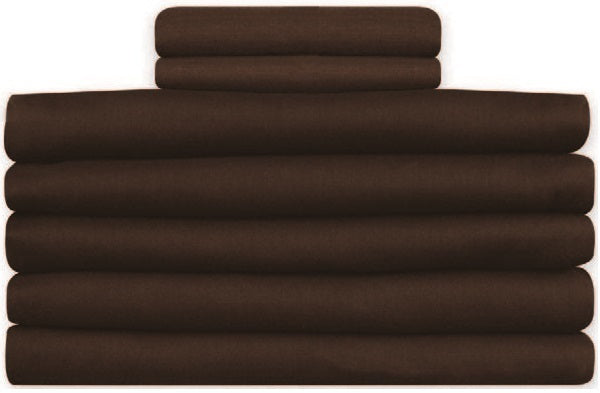 A neatly stacked set of KSE Prison Fitted Sheets T180 in dark brown, arranged from largest to smallest on a white background, evokes the organized look typical of institutional bedding and bulk wholesale sheets.