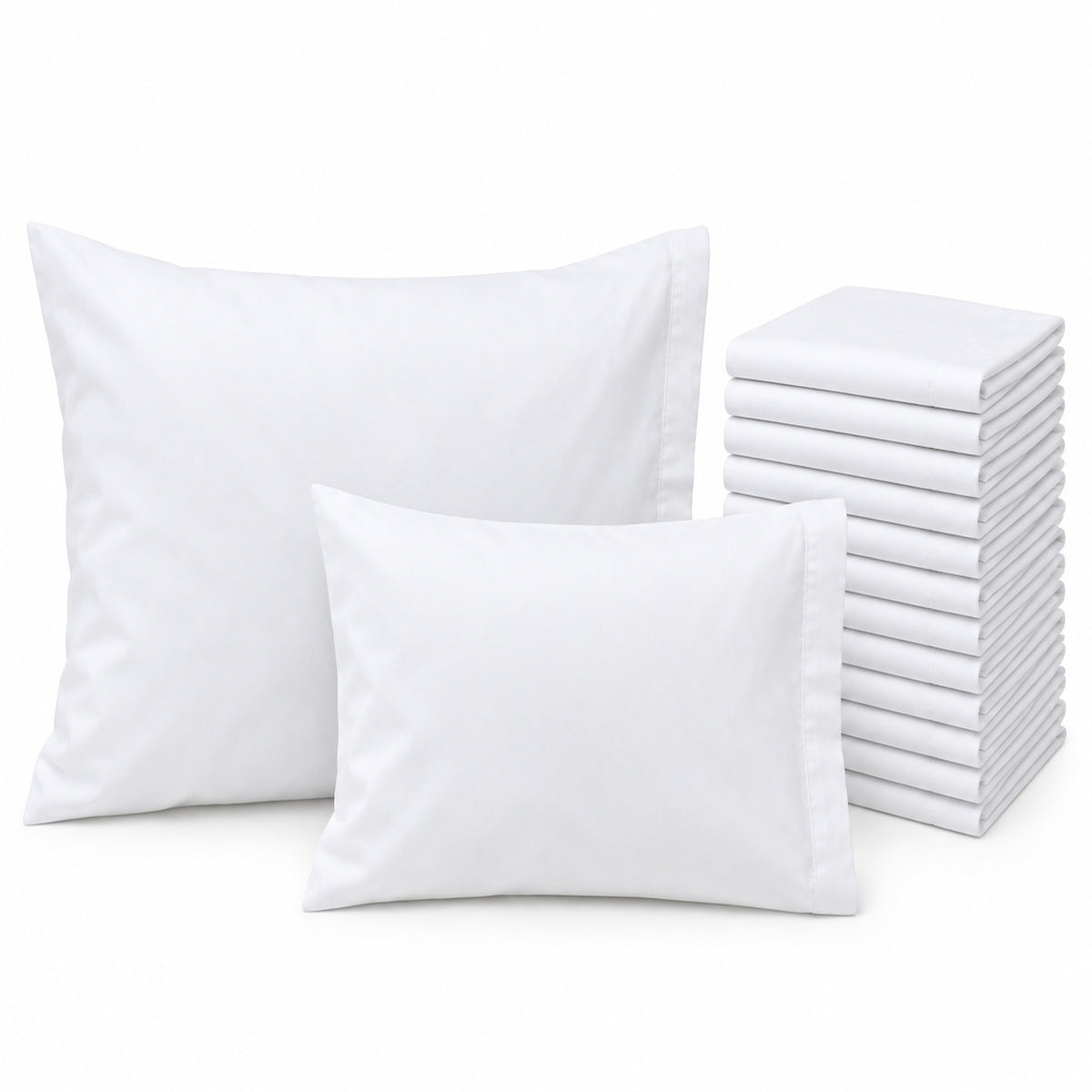 A large and a small white pillow sit next to a stack of KSE Pillowcase - Economy T130 pillowcases, arranged on a plain white background for an institutional bedding look.