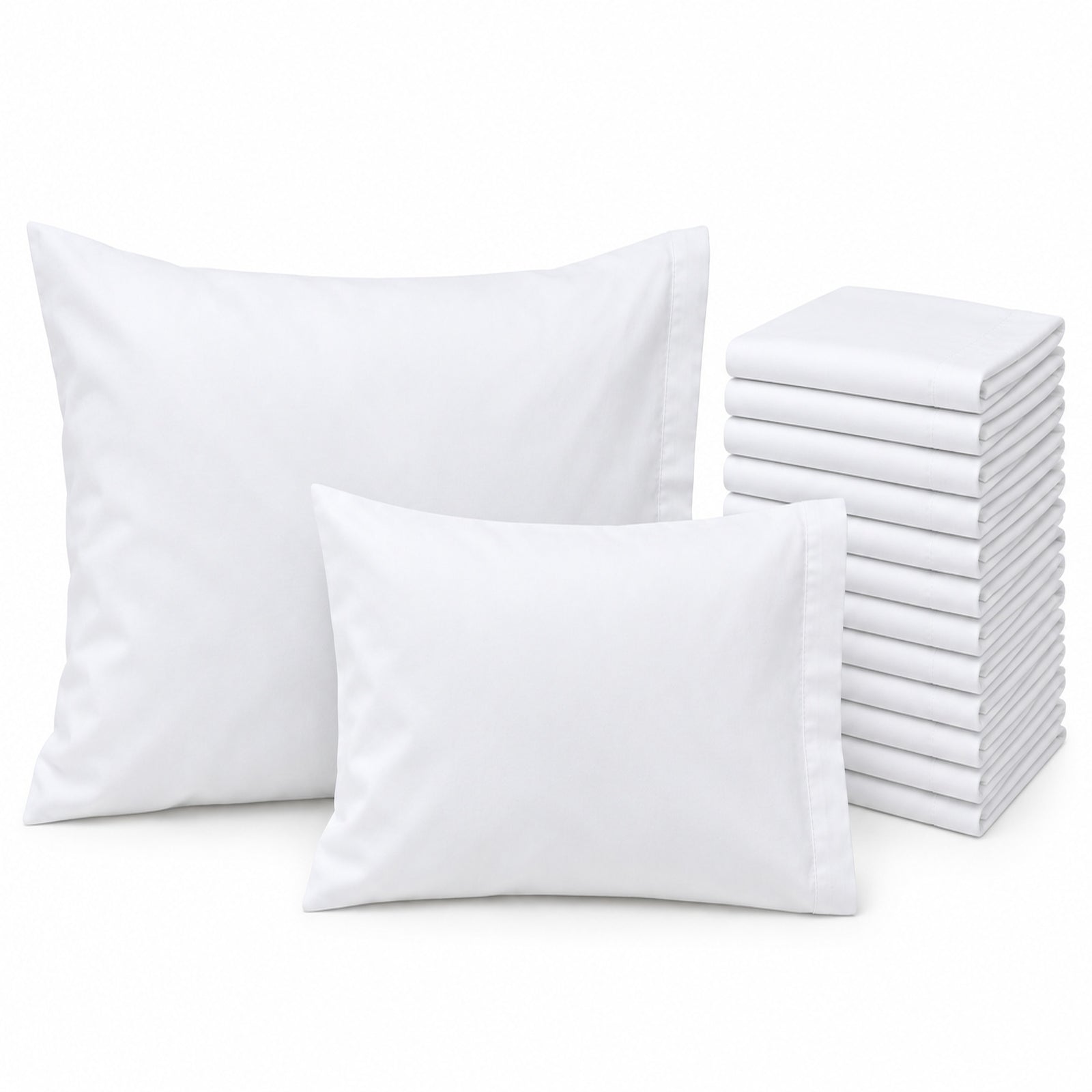 A large and a small white pillow sit next to a stack of KSE Pillowcase - Economy T130 pillowcases, arranged on a plain white background for an institutional bedding look.