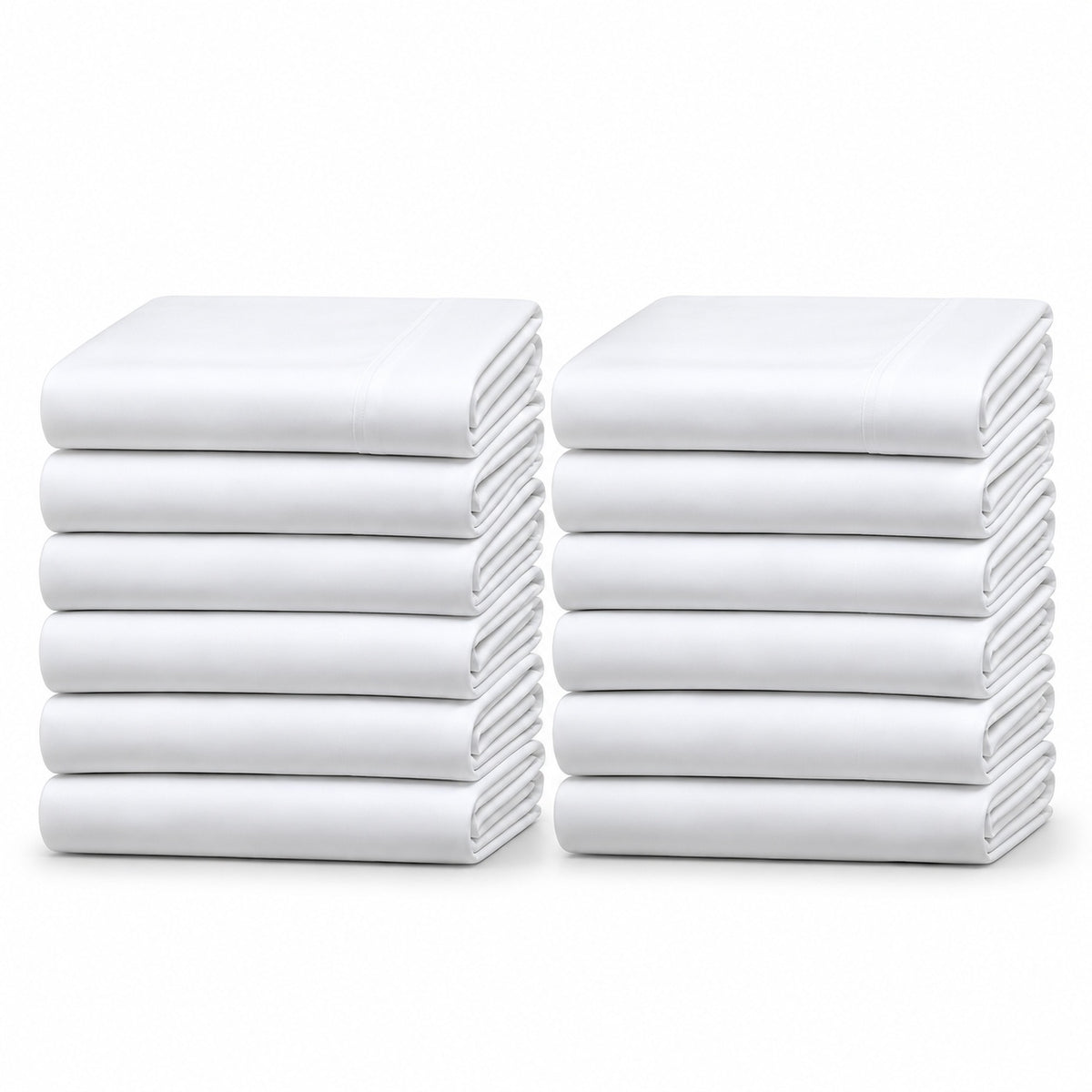 Two stacks of KSE Flat Sheets - Premium T130 (Twin/Twin XL) are neatly folded side by side on a plain white background, displaying a total of fourteen bulk hotel sheets.