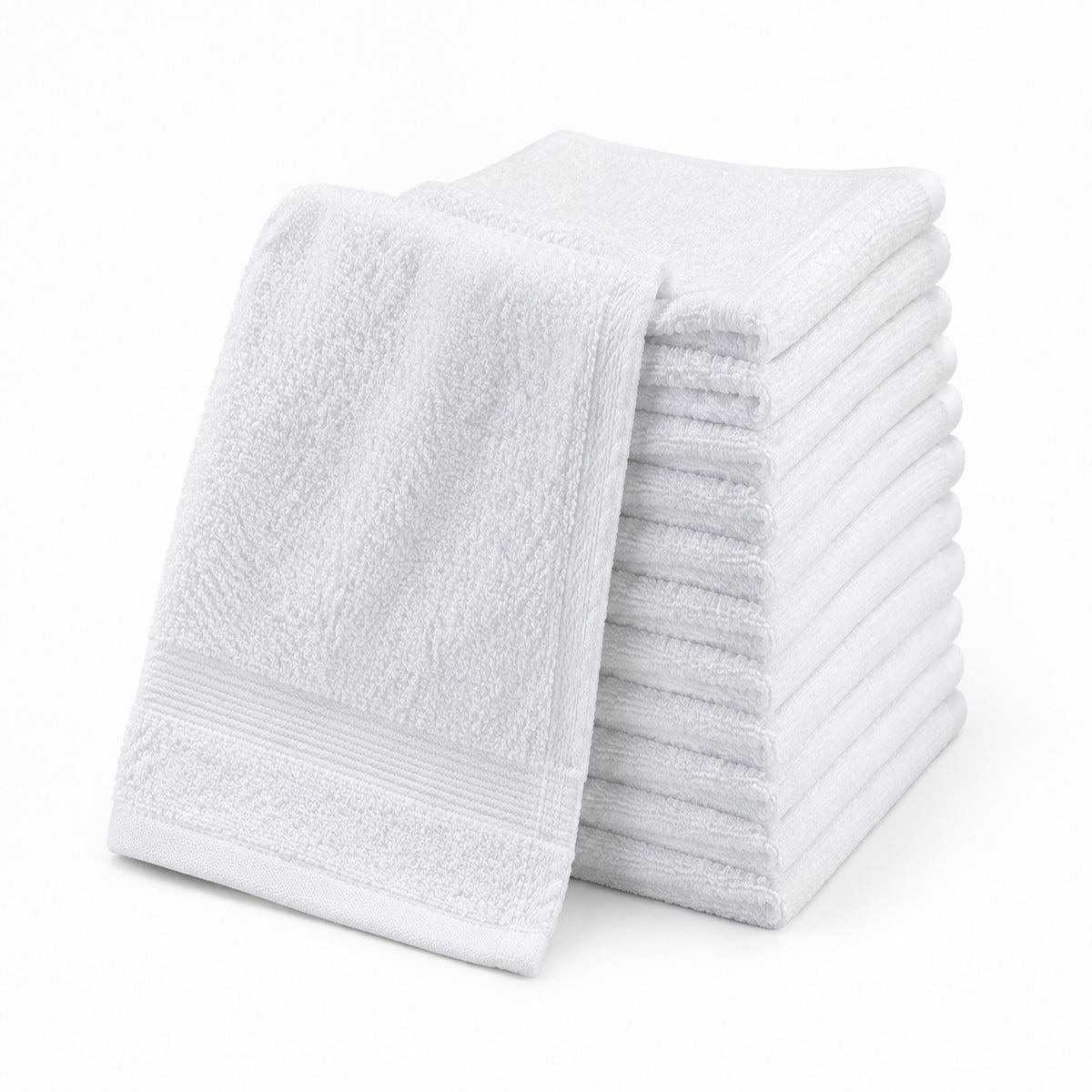 A stack of ten KSE Wash Cloth - Standard 16 Single Towels, neatly folded on a white surface with one draped to show its soft texture—ideal for all your commercial wash cloths needs.