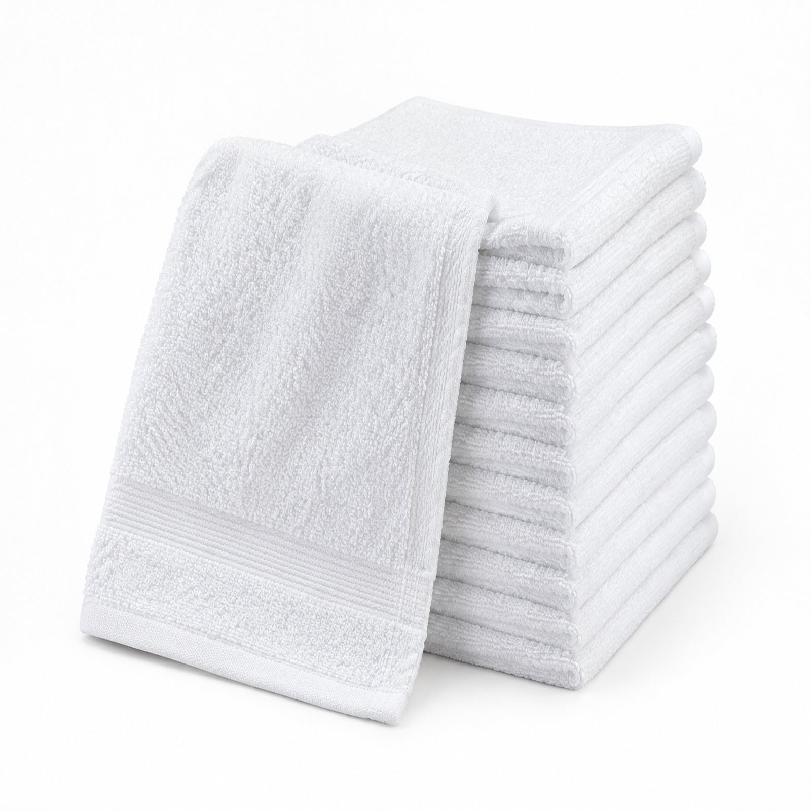 A stack of ten KSE Wash Cloth - Standard 16 Single Towels, neatly folded on a white surface with one draped to show its soft texture—ideal for all your commercial wash cloths needs.