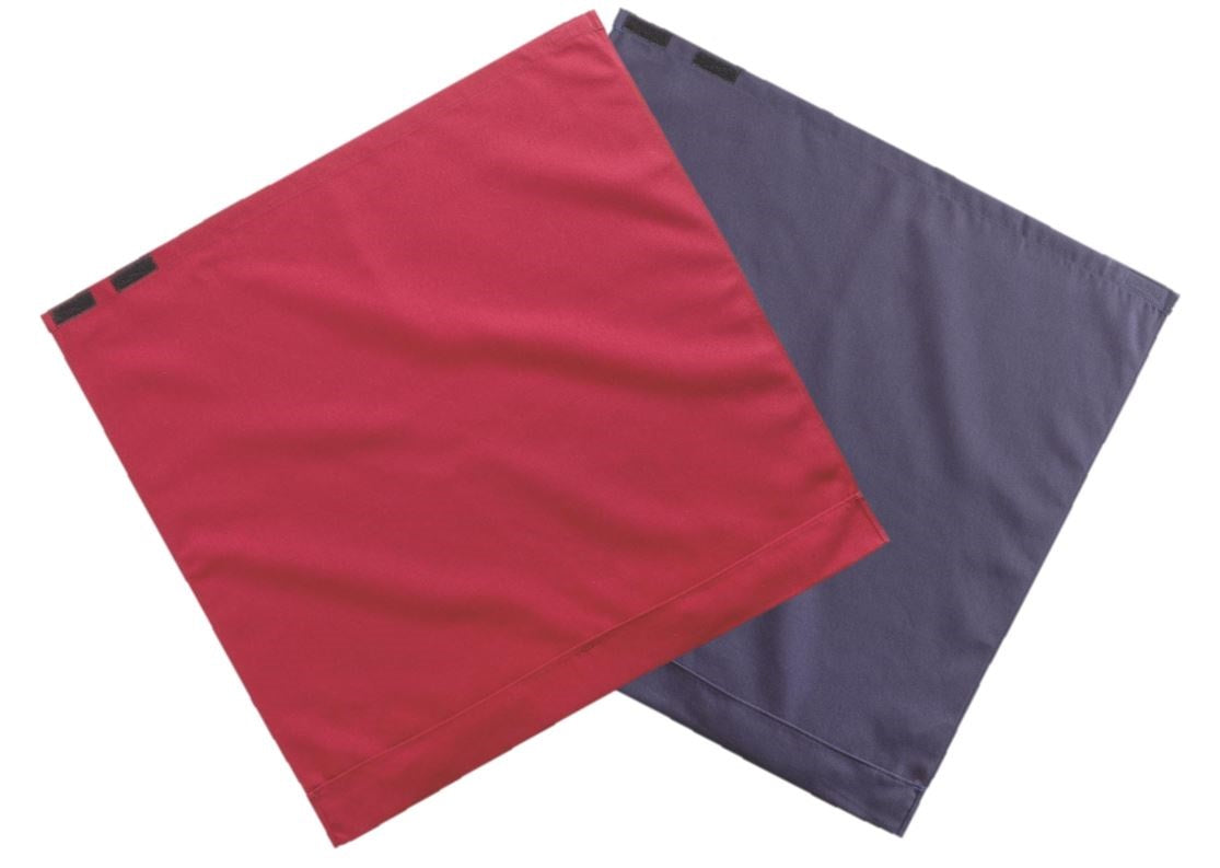 Two square KSE Classic Dignity Napkins, one red and one dark blue, overlap at the corners on a white background. Each wrinkle-resistant napkin has small black adjustable hook-and-loop closures along the top edge.