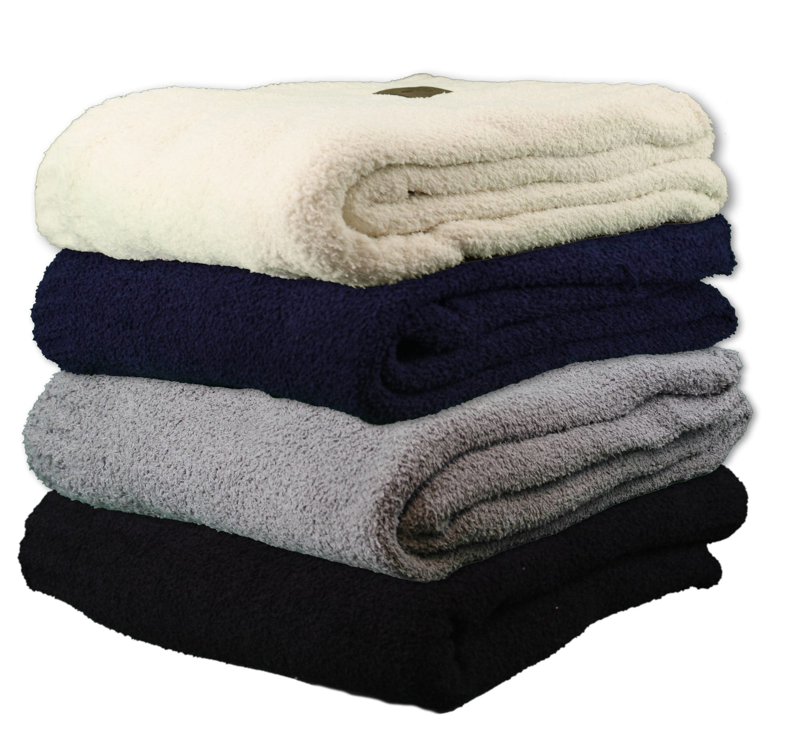 A stack of four Pro Towels Cloud Nine Soft Throw blankets in cream, navy blue, light gray, and black—ideal for wholesale or custom embroidery—neatly arranged on each other against a white background.