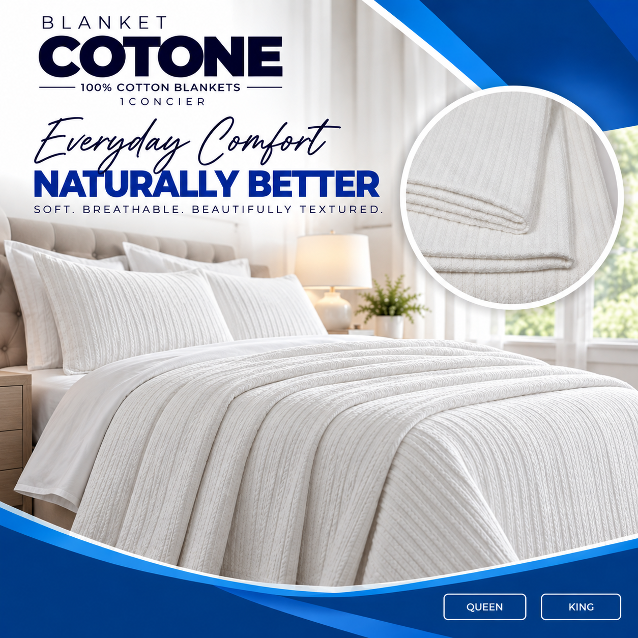 A made bed featuring a white, medium-weight 1Concier Blanket Cotone 100% Cotton Blanket, with an inset close-up of the fabric texture and text promoting its everyday comfort.