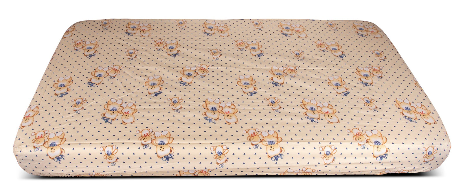 The KSE Woven Crib Fitted Sheet - Printed Design is shown covering a rectangular mattress against a white background, featuring beige fabric with small blue dots and cartoon teddy bears wearing blue hats and scarves.