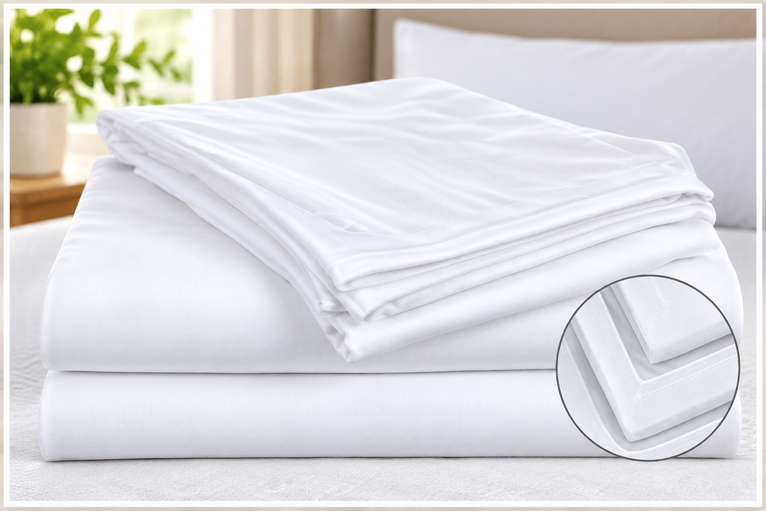 A neatly folded set of KSE Knitted Fitted Sheets on a bed, with a circular inset showcasing the cotton polyester blend fabric’s detailed corner stitching.