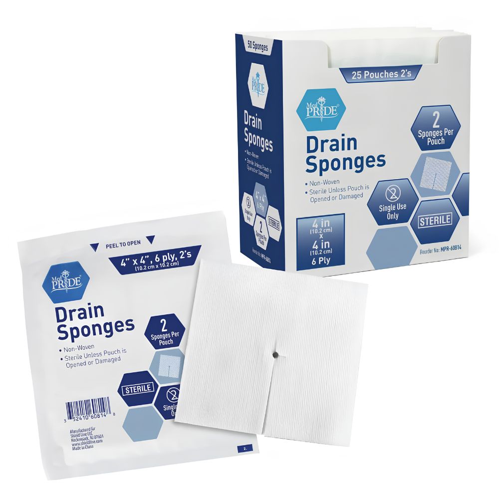 A box and individual pouch of Shield Line MedPride Tracheostomy Sterile Drain Sponge Non-Woven 4"x4", 6-ply, 2 per pouch, are shown, along with two white sponges with center slits displayed outside the pouch.