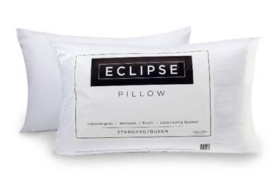 Two white pillows from A+ Pillows are displayed, one flat and one angled in front with an Eclipse Twin Pack label—perfect for dark rooms to enhance sleep.