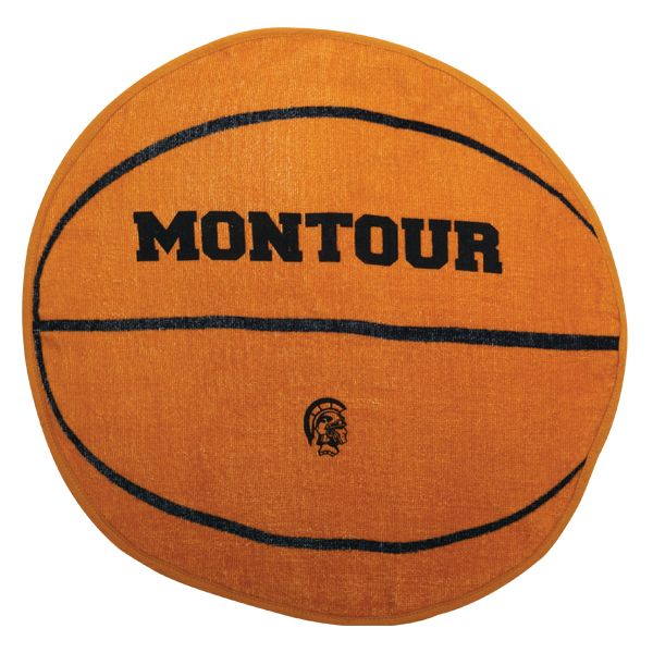The Pro Towels Fiber Reactive Basketball Shaped Sport Towel (20″ x 20″) features an orange basketball design with MONTOUR in bold black letters and a small Trojan helmet logo—perfect for any sport ball collection.