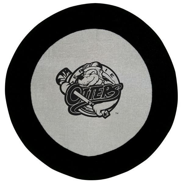 The Pro Towels Hockey Puck Shaped Sport Towel features a fiber reactive design with a cartoon otter in a hockey helmet and “Otters” below. Its unique shape makes it perfect as a hockey tournament giveaway.