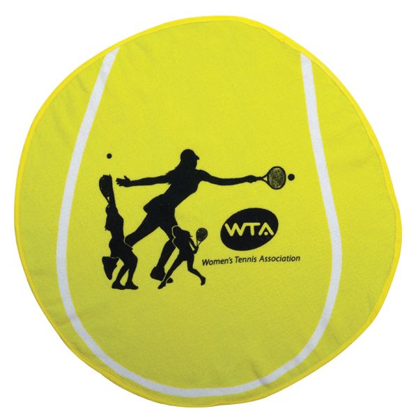 The Pro Towels Tennis Ball Shaped Sport Towel features a fiber reactive yellow cotton velour design with white curved lines, black female player silhouettes, and the WTA logo—ideal as a customizable promotional towel for tennis fans.