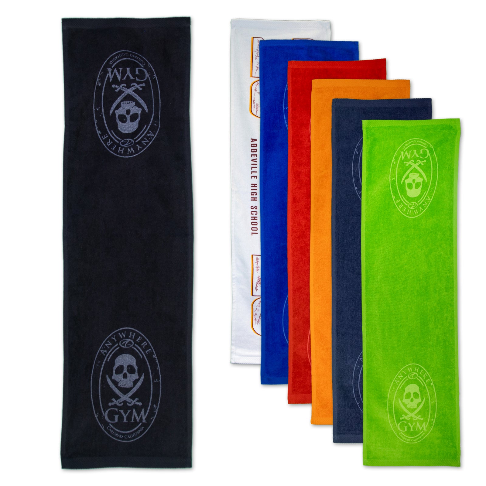 Six Pro Towels Fitness Towels in black, white, blue, red, orange, and green are arranged vertically. The black and green towels have an embroidered skull and crossbones with Gym text; the white towel displays printed text.