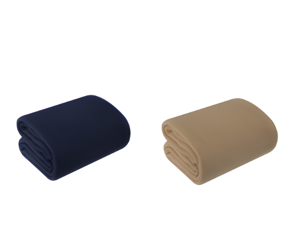 Two Manhattan Hosiery Co. Fleece Blankets in dark blue and beige, shown side by side on a white background; available in 50"x60", 66"x90" & 90"x90" sizes for a cozy touch.
