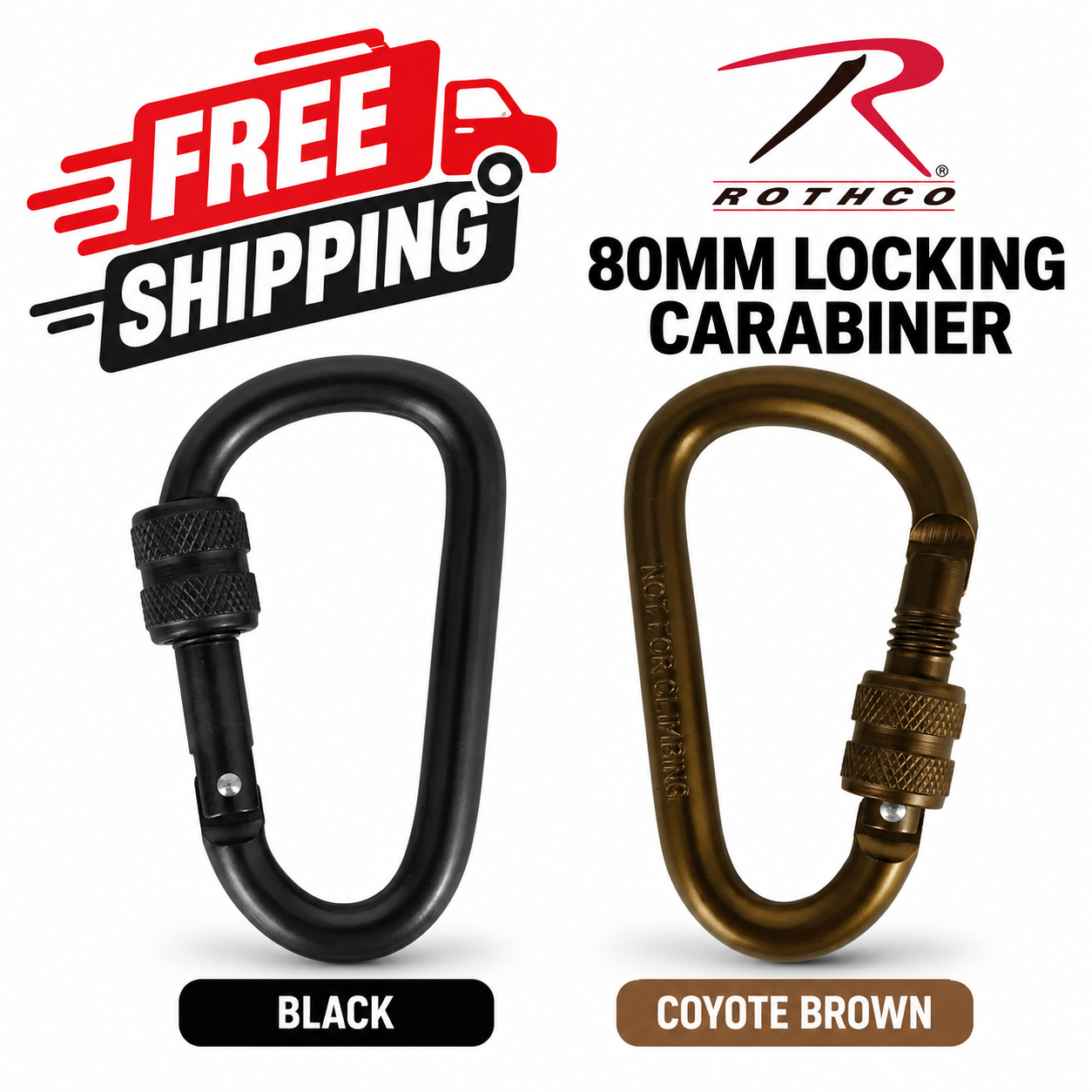 A black and a coyote brown Rothco 80MM Locking Carabiner displayed under a free shipping graphic.