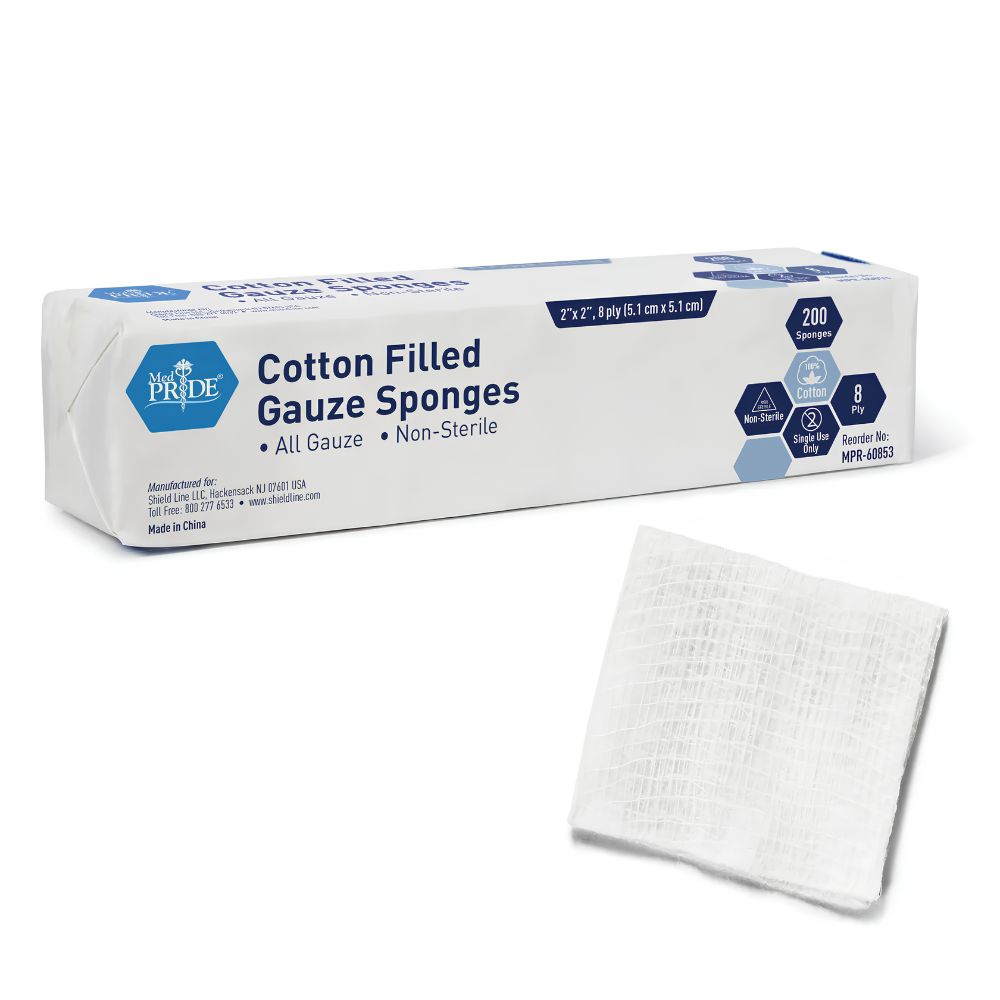 A Shield Line package of MedPride Non-Sterile Cotton Filled Gauze Sponges, 2"x2", 8-ply, is shown with a stack of white gauze. The pack contains 200 sponges, making it a clear and essential first aid wound care supply.