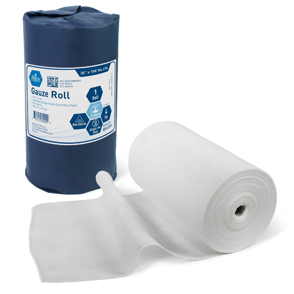 A large white Shield Line MedPride Gauze Roll, 36"x100 Yds, 40s - 20x12 Mesh, is partially unrolled beside its blue “Gauze Roll” packaging. The clean cotton gauze is ready for wound care and medical use.