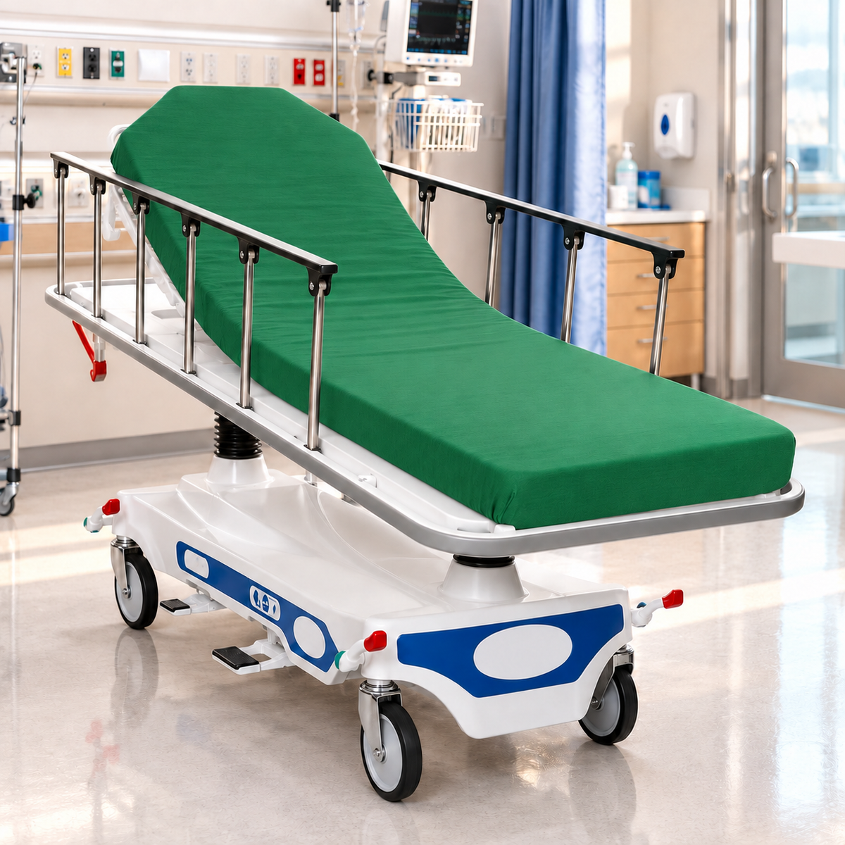 A hospital stretcher bed with KSE Knitted Stretcher Sheets, side rails, and wheels is placed in a bright medical room with equipment and monitors in the background.