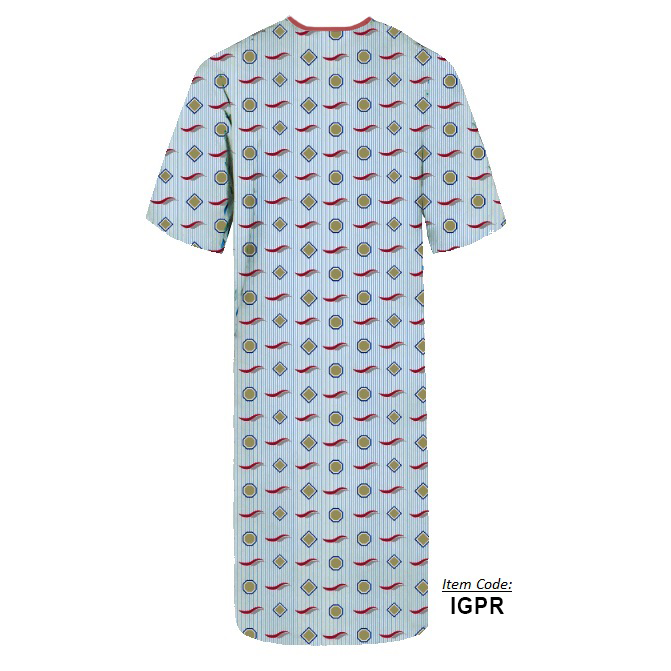 The KSE Polyester Patient Gown features a light blue color, short sleeves, and a geometric pattern with circles and diamonds. Shown from the back, its ideal for bulk needs. Item code IGPR appears in the lower right corner.