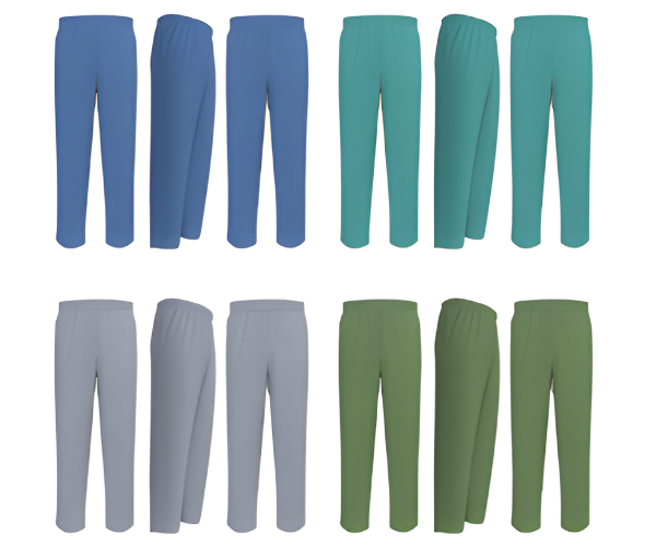 A set of twelve Manhattan Hosiery Co. Inmate Scrub Pants – Assorted Colors, shown in blue, teal, gray, and olive green from front and back views, ideal for institutional or correctional facility use.