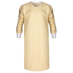 The KSE Level II Isolation Gown is light yellow, fluid-resistant, with long sleeves, white cuffs, and a back tie for reusable protection. It’s shown on a white background.