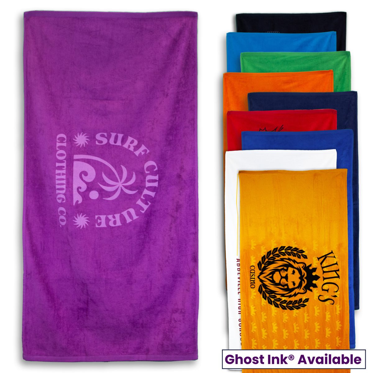 A selection of Beach Towel - Jewel Collection by Pro Towels is displayed in various colors and designs. The featured purple towel showcases Surf Culture Clothing Co. branding, with options for wholesale or custom embroidery. Ghost Ink Available label included.