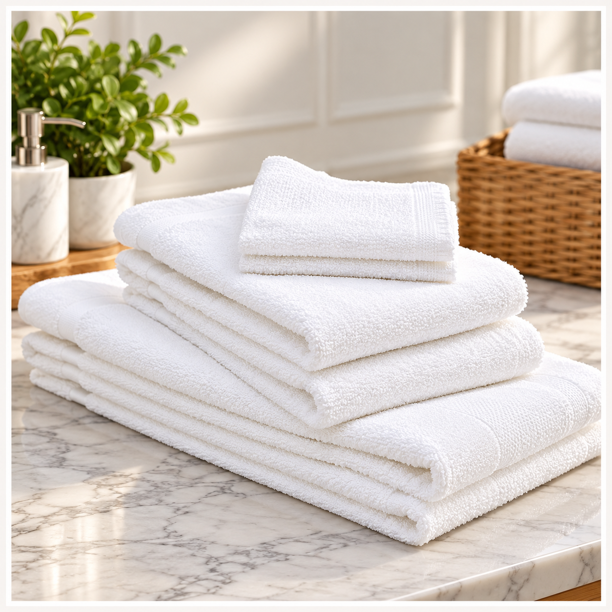 A stack of KSE Hand Towel - Basic Economy 10 Single Towels lies folded on a marble countertop, topped with a small towel. In the background are a potted plant, soap dispenser, and wicker basket of more towels.