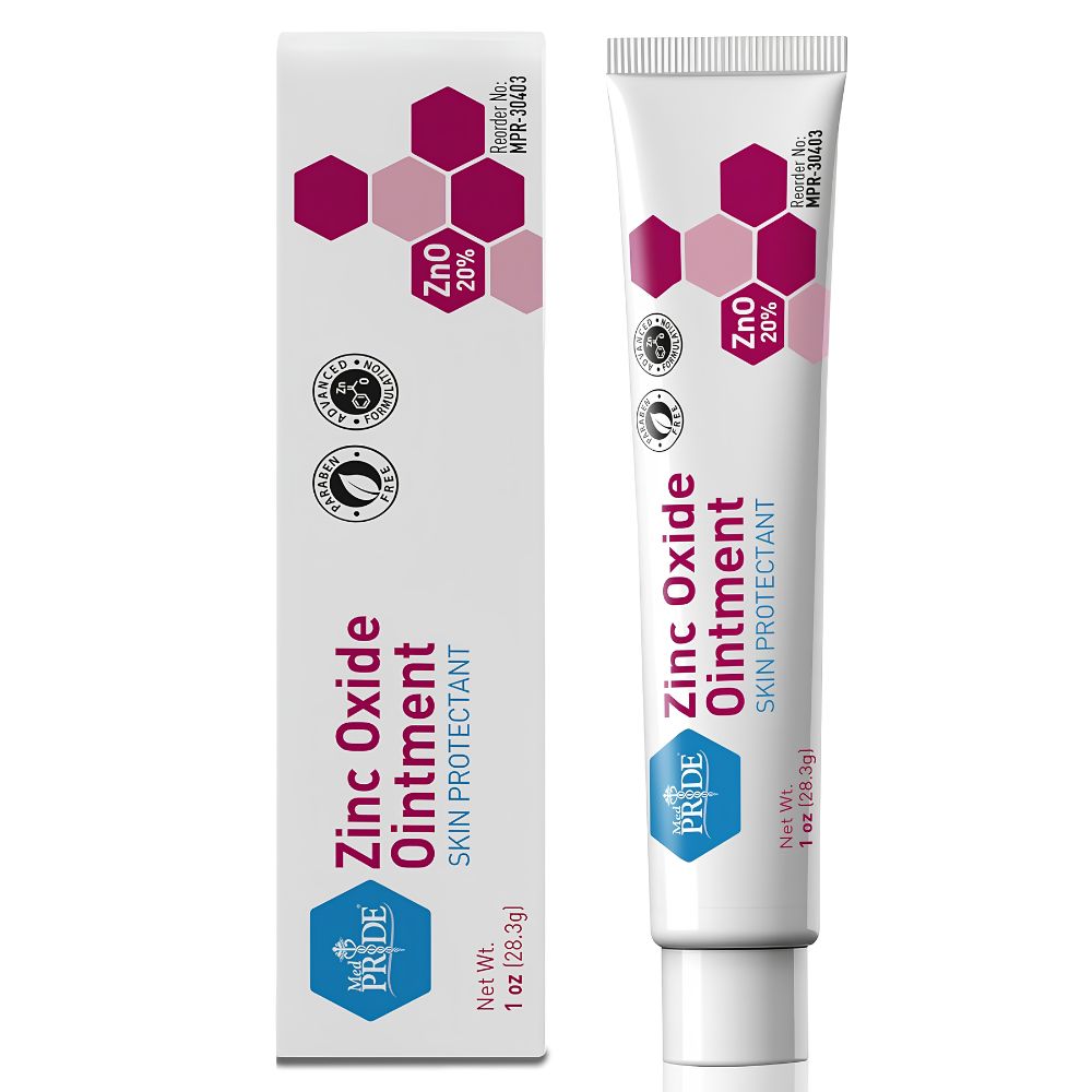 A white tube and box of Shield Line MED PRIDE High-Potency 20% Zinc Oxide Ointment with pink hexagon designs. Labeled “Skin Protectant, ZnO 20%,” it’s ideal for skin protection and diaper rash. Net wt: 1 oz (28.3g).