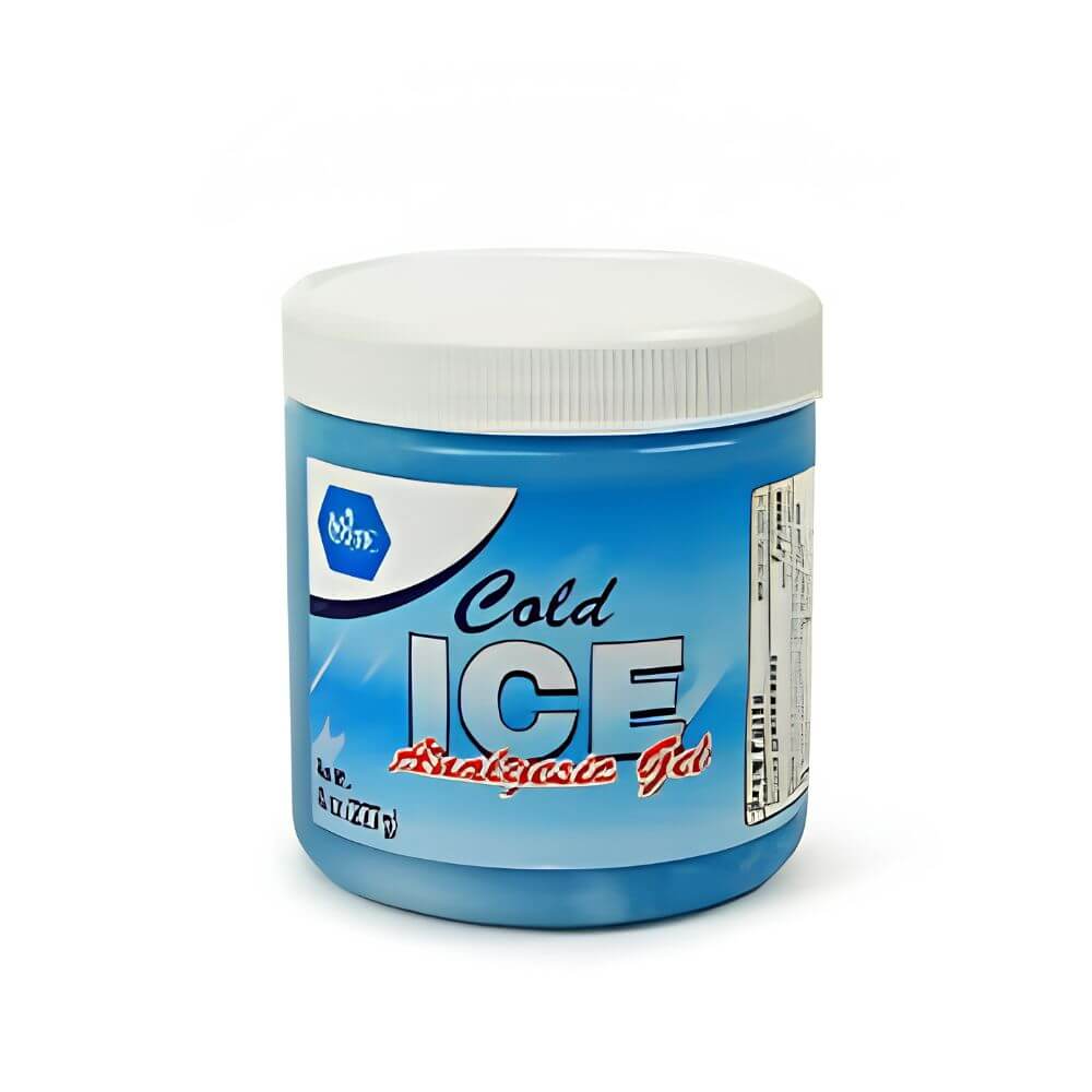 A blue jar labeled Cold Ice Analgesic Gel by Shield Line, with a white lid and product info on the front and side, provides fast-acting muscle and joint pain relief with cooling menthol.
