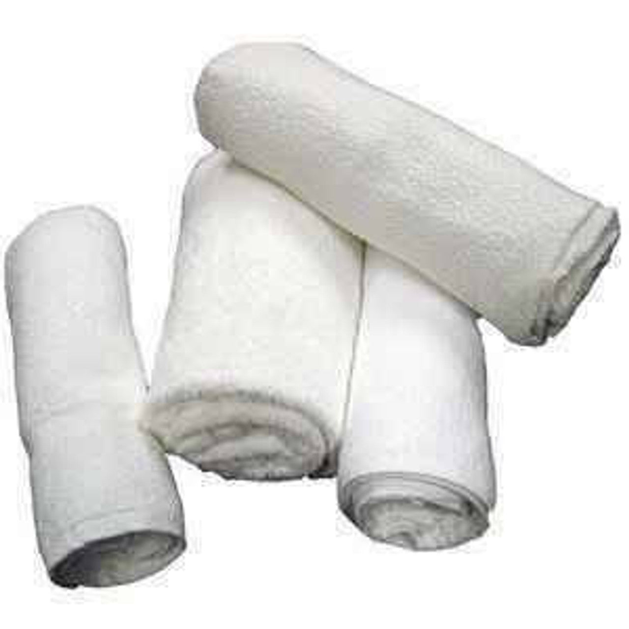 Four Ganesh Mills Magic Super Pool Towels in white are rolled up on a plain white background—ideal for bulk wholesale or home use.