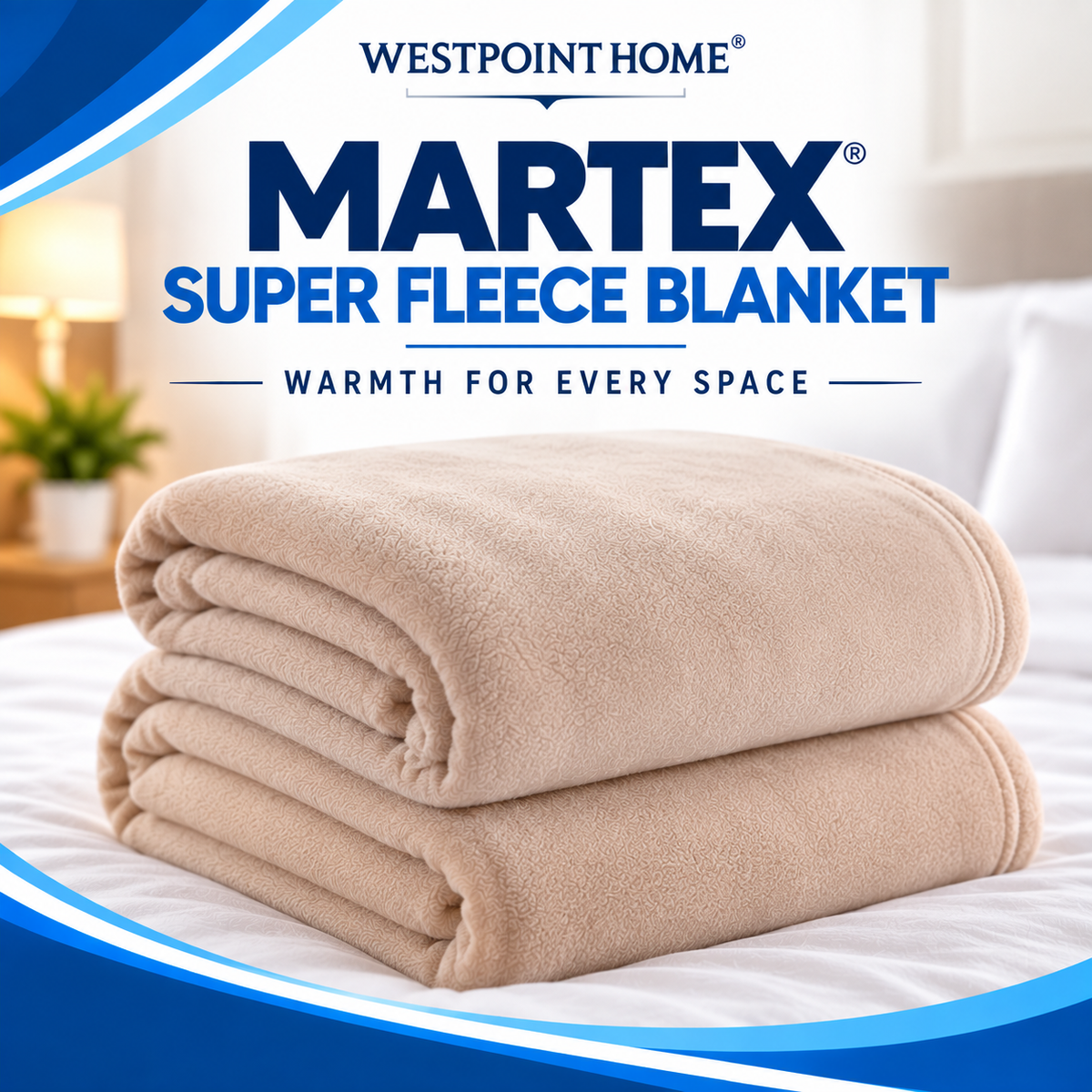 Two folded Martex - Super Fleece Blanket lightweight fleece blankets resting on a white bed.