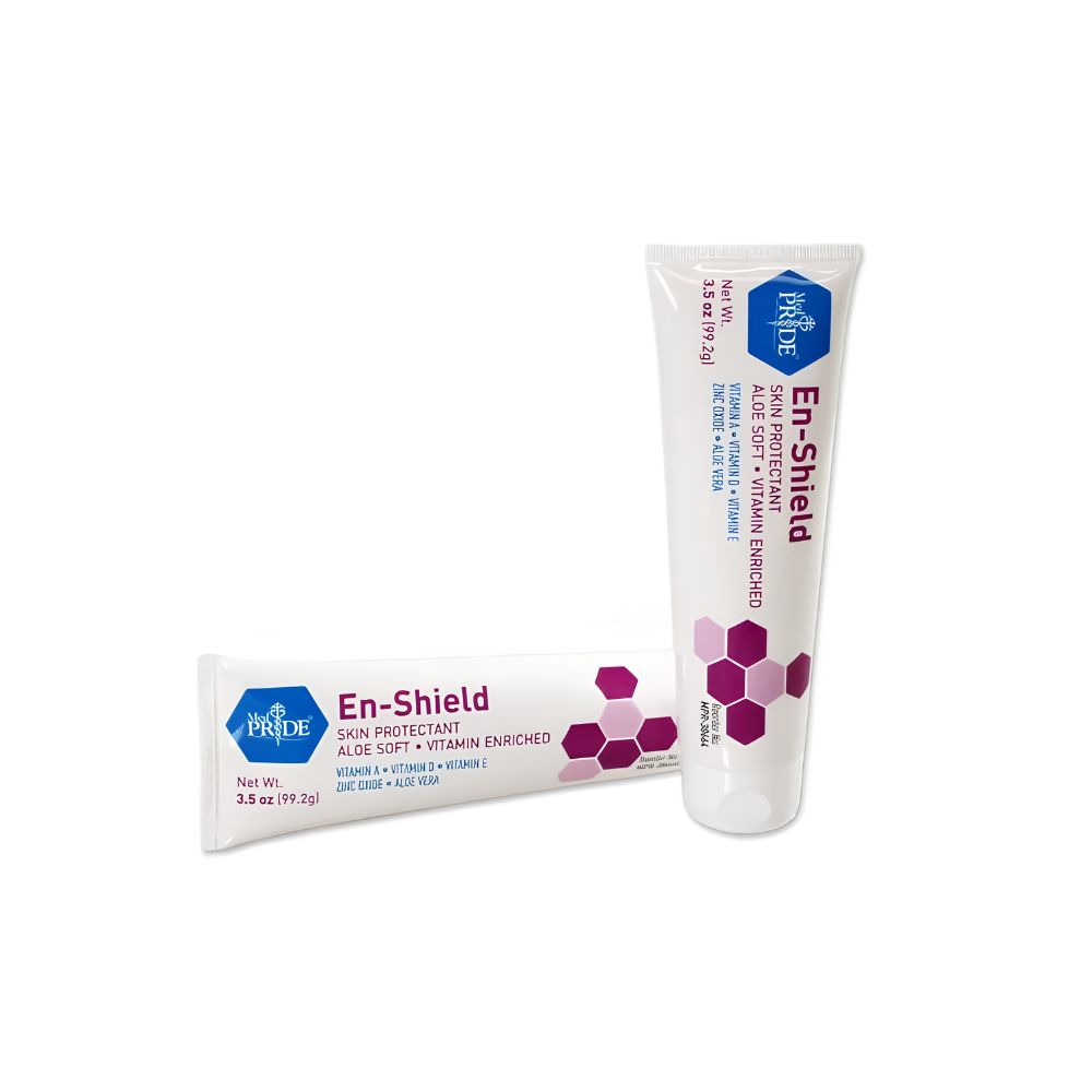 Two tubes of Shield Line MedPride En-Shield Skin Protectant Barrier Cream—one upright, one flat—feature hexagonal graphics and highlight its effective barrier cream formula for advanced skin protection and diaper rash prevention.
