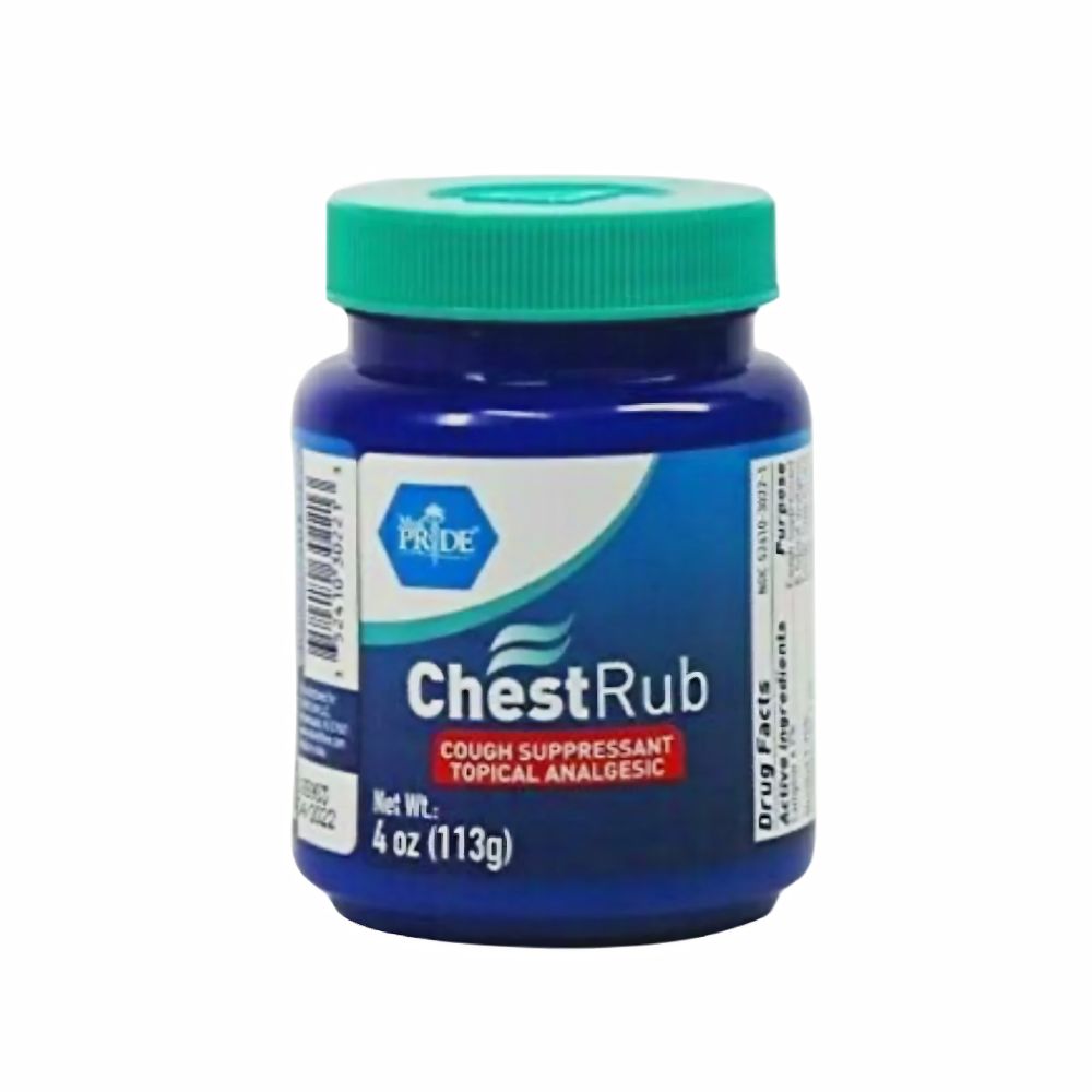 A 4 oz (113g) blue plastic jar with green lid labeled "MedPride Vaporizing Chest Rub" by Shield Line, featuring a blue and white label with red and yellow accents; used as a topical analgesic for cough relief. Packaged 24 per case.