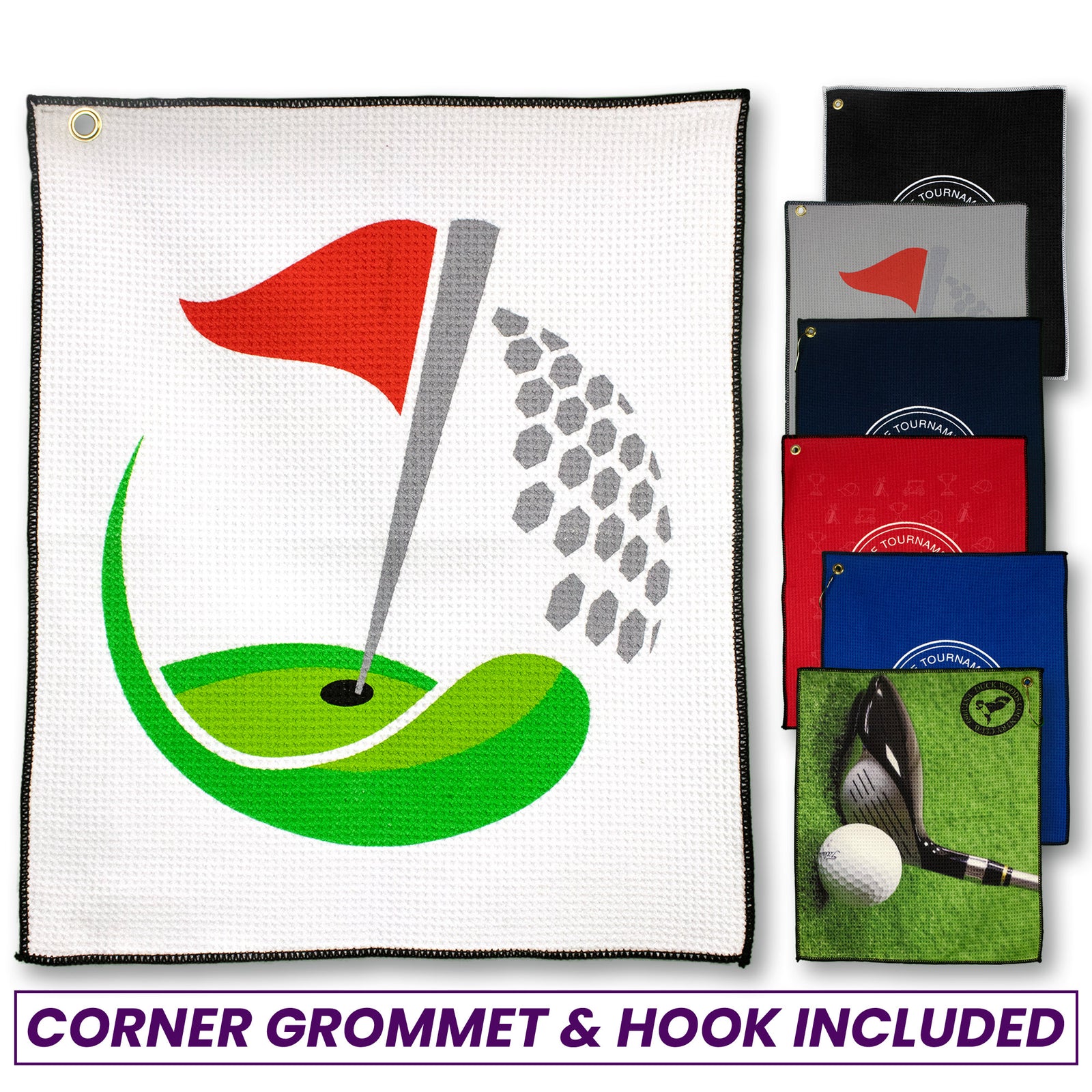 The Pro Towels Microfiber Waffle Small Golf Towel is displayed with six folded color options. It features a golf course print, plus a corner grommet and hook, as noted in the bottom text.