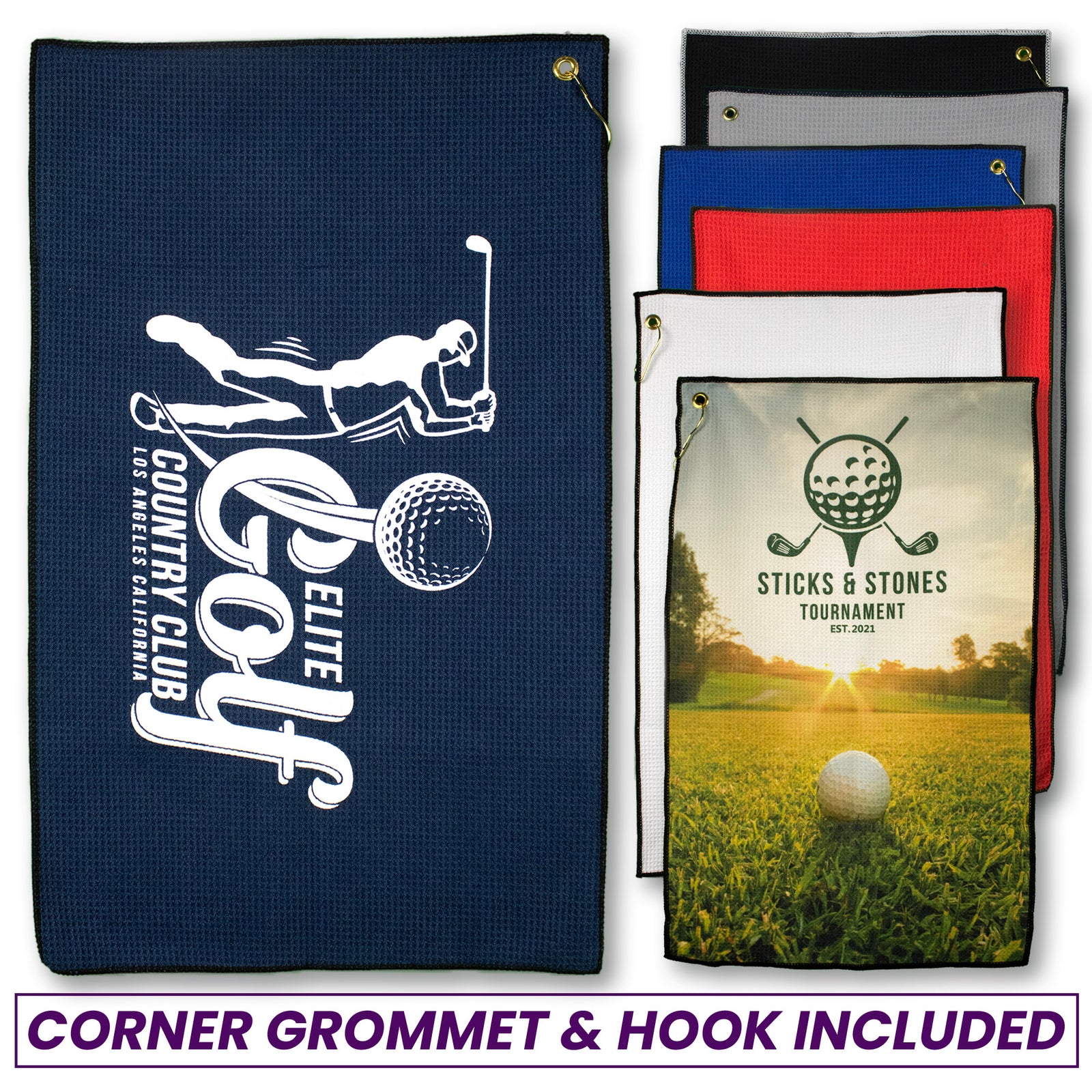 A collection of microfiber golf towels in various colors, featuring a common design with a golf ball and the text 'Sticks & Stones Tournament'. Each towel has a brass corner grommet and hook for hanging.