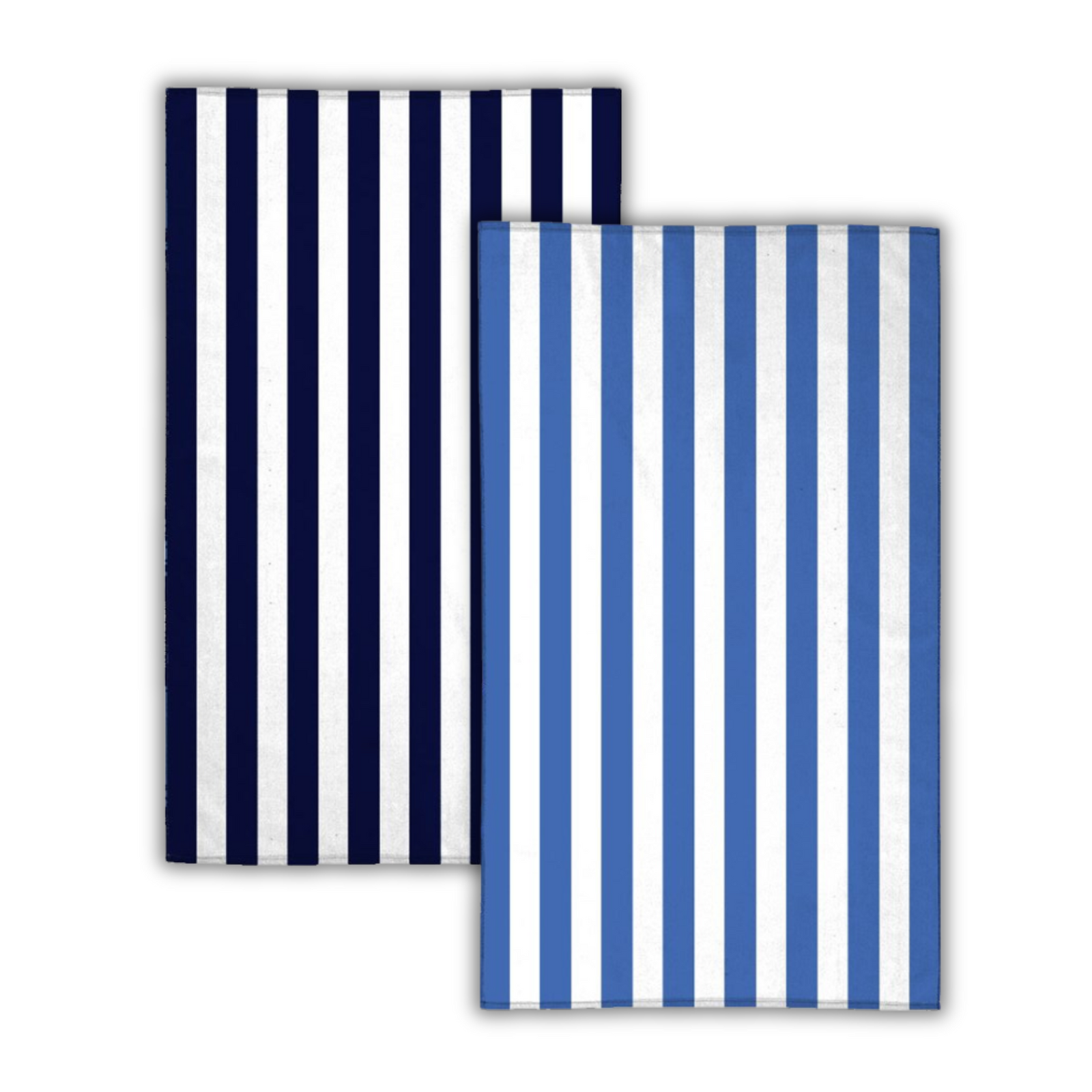 Two Pro Towels Midweight Cabana Beach Towels—one dark blue/white, one light blue/white, both with vertical stripes—slightly overlap on a white background. Ideal for custom embroidery.