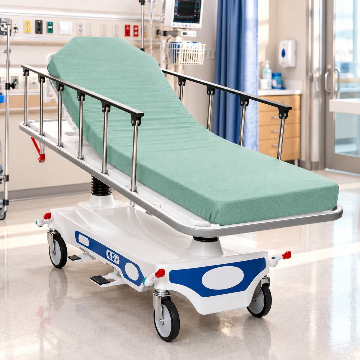A hospital stretcher with a green mattress and KSE Knitted Stretcher Sheets stands in a bright, clean medical room with medical equipment and monitors in the background.