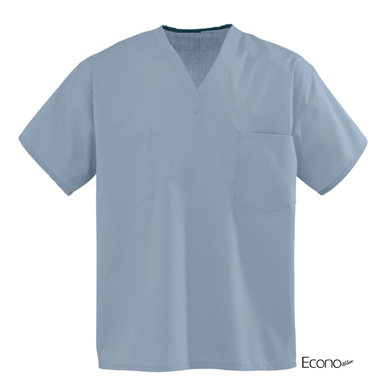 KSE EconoBlen™ Unisex Reversible Scrubs Top in light blue with short sleeves, V-neck, and chest pocket, shown on a plain white background with Econo at the bottom right—perfect for bulk medical uniform needs.