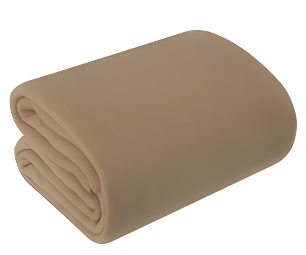 A neatly folded solid beige Manhattan Hosiery Co. fleece blanket, available in 50”x60”, 66”x90”, and 90”x90”, is displayed against a plain white background.