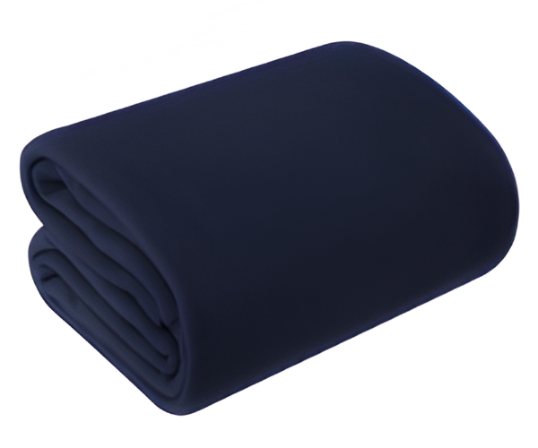 A neatly folded, solid dark blue Manhattan Hosiery Co. Fleece Blanket (available in 50”x60”, 66”x90”, and 90”x90”) is displayed on a white background, highlighting its lightweight warmth as a perfect cozy throw for any setting.