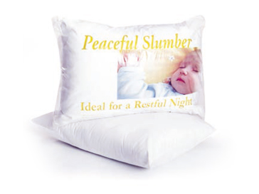 A+ Pillows’ Peaceful Slumber features an image of a sleeping child and the phrase “Ideal for Relaxation and Restful Sleep” printed in yellow on the package.