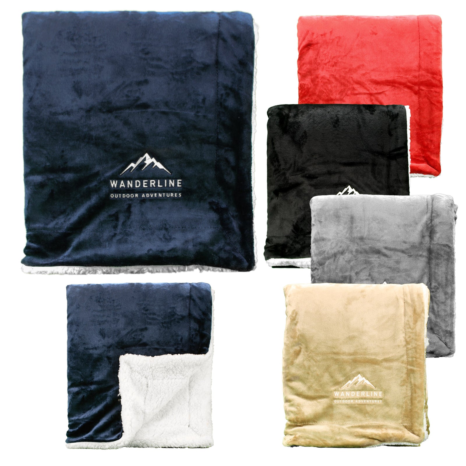 Six ultra-soft Pro Towels Palmetto Challenger Blankets—navy blue, red, black, gray, tan, and navy with white sherpa lining—are displayed. Each is custom embroidered with the WANDERLINE Outdoor Adventures mountain logo.