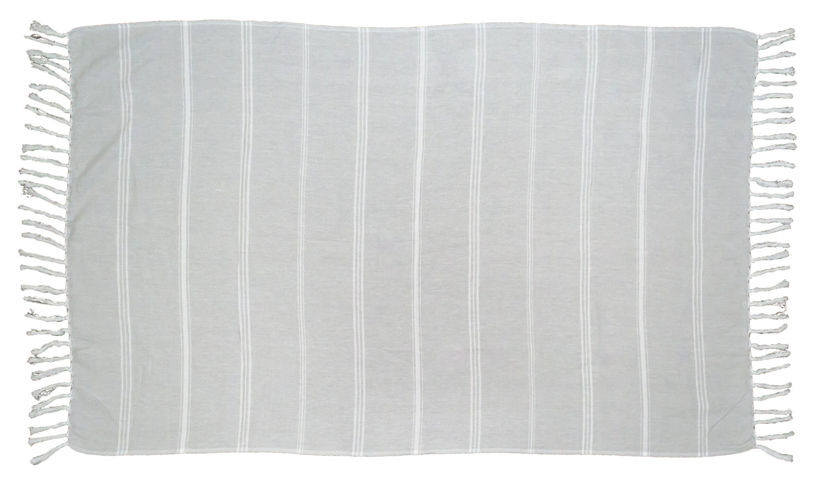 The Pro Towels Peshtemal Beach Towel is a light gray, rectangular Turkish cotton towel with thin vertical white stripes and fringed tassels on the short edges.